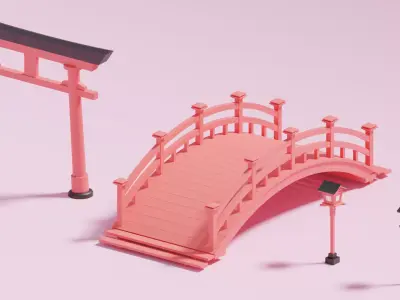 Japanese Bridge Street Lamp Torii Gate Low-poly 3D model