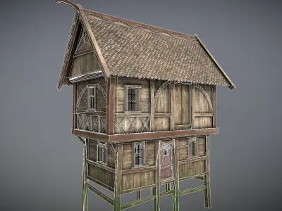 Medieval Lake Village - House 16 with interiors Low-poly 3D model