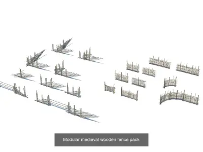 Modular medieval wooden fences and barrier pack 3D Model Collection