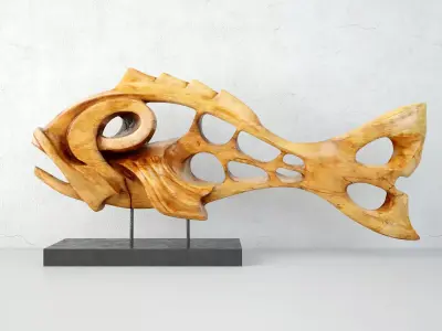 Mid Century Fish Sculpture in Carved Wood 3D model