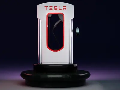 Tesla Electric Vehicle Charging Station and Charge Plug Free low-poly 3D model