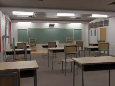 classroom with desks and chairs Low-poly 3D model