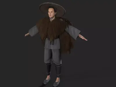 fisherman woman with long hair and hat 3D model