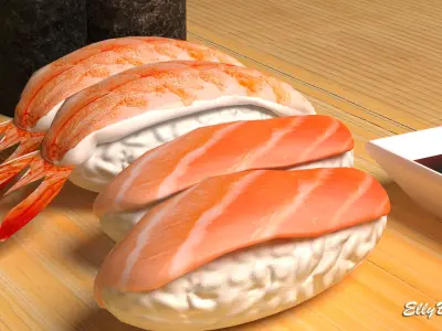 Sushi with chopsticks on wooden table 3D model
