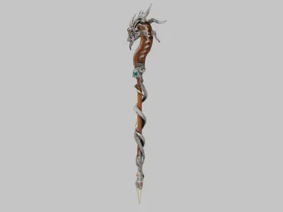 Lowpoly Magical Dragon Crafted Staff Game-Ready 3D Asset Low-poly 3D model