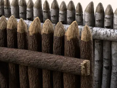 Log Fence birch pine bark wooden fencing Low-poly 3D model