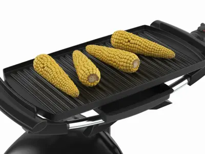 Open Lid Electric BBQ Grill with Corn Black 3D model