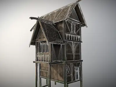 Medieval Lake Village - House 14 with interiors Low-poly 3D model