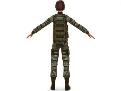 A young girl in army camouflage Low-poly 3D model
