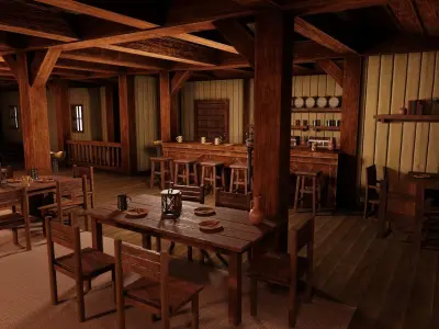 Medieval Inn with Interior Low-poly 3D model