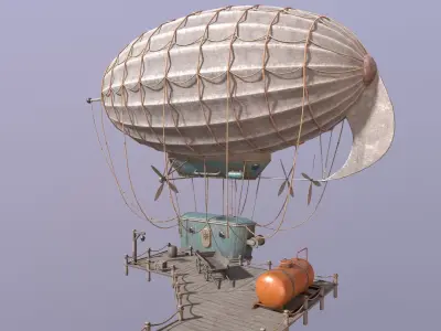 A low-poly 3D model of an airship in the port  Low-poly 3D model
