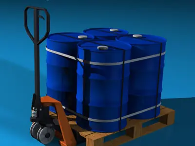 Forklift collection barrels on pallet with 3D model