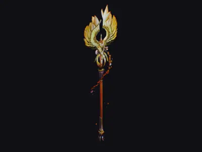 Magical Staff Magic Stick Fantasy Wand Golden Bird Wing Item Low-poly 3D model