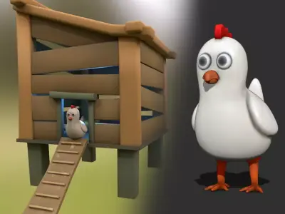 Cartoon Stylized Chicken with Coop Structure Low-poly 3D model