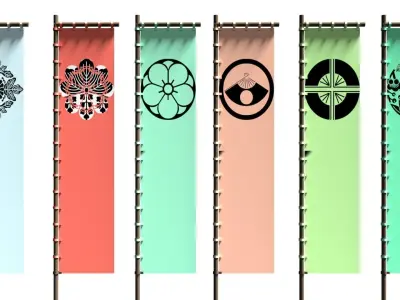 Japanese Battle Flags Pack 2 Styles over 400 Crests HQ War Low-poly 3D model