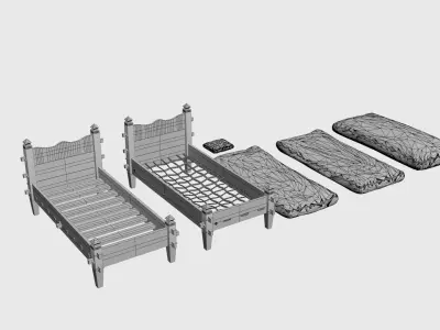 Medieval simple bed and tick mattress Low-poly 3D model