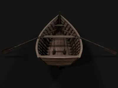 wooden boat with oars Low-poly 3D model