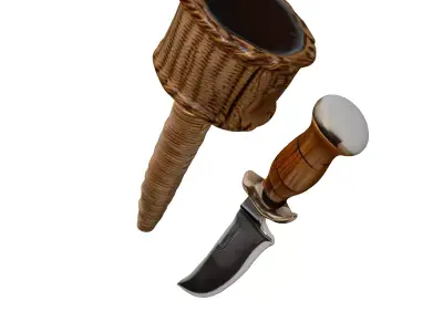 Damascus Hunting Knife Woven Scabbard 3D model