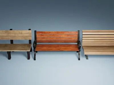 Wooden Street Park Bench Collection 3 Variations Bundle Pack 3D model
