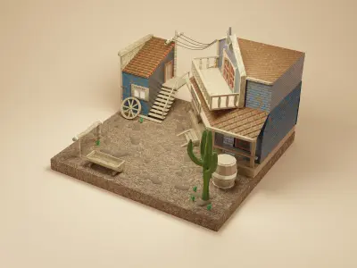 Western town with houes of the sheriff Low-poly 3D model