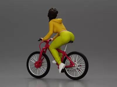 Sporty girl riding a red bike in bright yellow tracksuit 3D print model