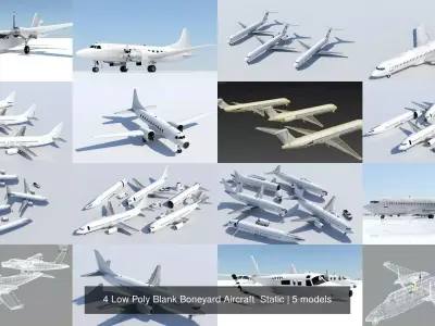 5 Low Poly Blank Boneyard Aircraft Static 3D Model Collection