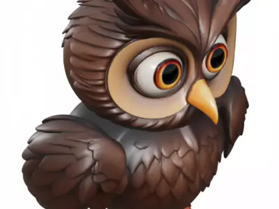 Cute Cartoon Owl 3D Fluffy Bird Big Eyes Feathered Wings Low-poly 3D model