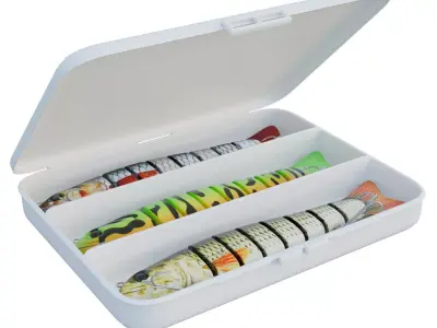 Fishing lure set or Fish bait set in a box Low-poly 3D model