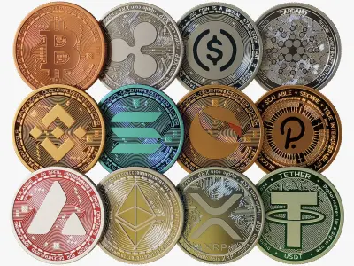 Set of 12 TOP Crypto Coins 3D model