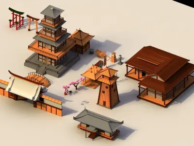 Low Poly Traditional Japanese Town Low-poly 3D model