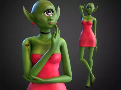 green alien girl rigged low poly Low-poly 3D model