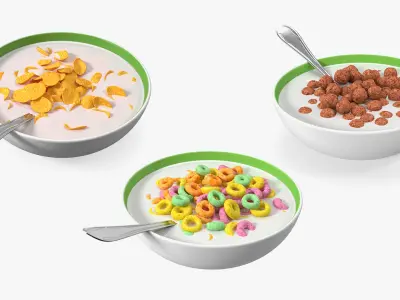 Bowl of Breakfast Cereals with Milk Collection 3D model