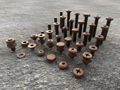 Nut And Bolt Set 4 Rusted Version Low-poly 3D model