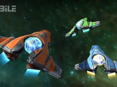 SpaceShip three spaceships flying in space Low-poly 3D model