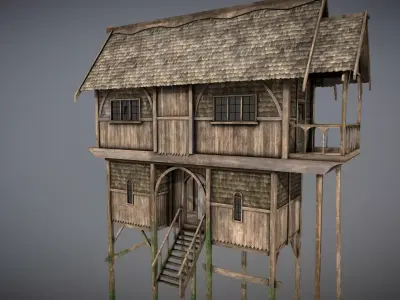 Medieval Lake Village - House 3 with interiors Low-poly 3D model
