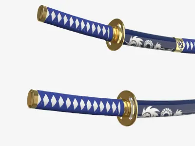 Blue Double Bladed Katana Wakizashi and Stand 3D model