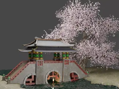 Realstic low poly Japanese bridge game asset Low-poly 3D model