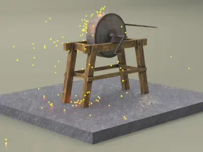 Manual Sharpening Wheel with Medieval Sword Animated Rigged 3D model