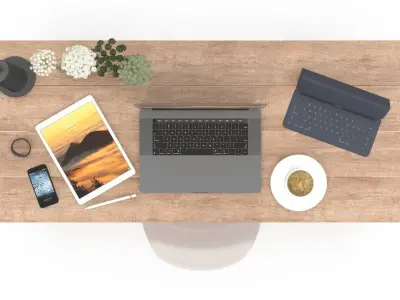 Desk set with laptop and chair 3D model