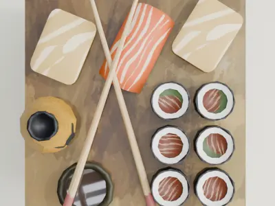  A Cozy Table with Sushi Maki Sashimi and Sauces Low-poly 3D model