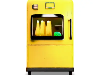 Stylized Yellow Display Fridge 3D Model Retro Glass Refrigerator Low-poly 3D model