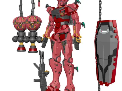 Red Gundam  GQuuuuuuX 3DModel NoRig NoTexture Low-poly 3D model Low-poly 3D model
