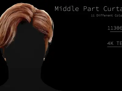 Realtime Hair - Middle part curtains Low-poly 3D model