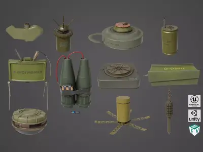 Mine Bomb Collection Single Mat All PBR Unity UE Textures Low-poly 3D model