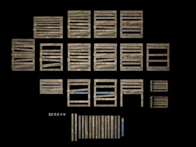 Wooden Pallets boxes and sticks Gameready and optimized assets Low-poly 3D model