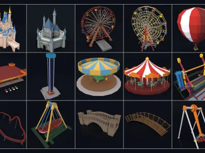 Poly Amusement Park Props Pack Collection Low-poly 3D model