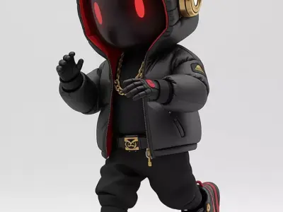 Streetwear Hoodie Robot 3D Model Red Glow Eyes Gold Chain Low-poly 3D model