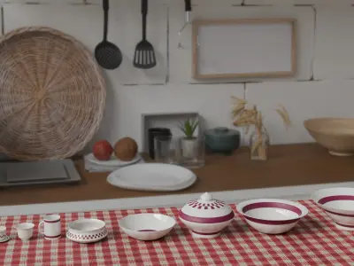 3D Cuisine Pack Pots Plates Cups and Stylish Table Free low-poly 3D model