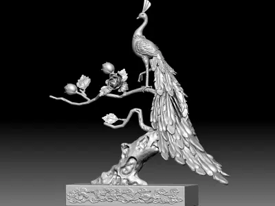 Peacock and Flowers 3D model