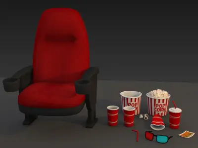 Cinema - Low Poly chair with popcorn and glasses Low-poly 3D model